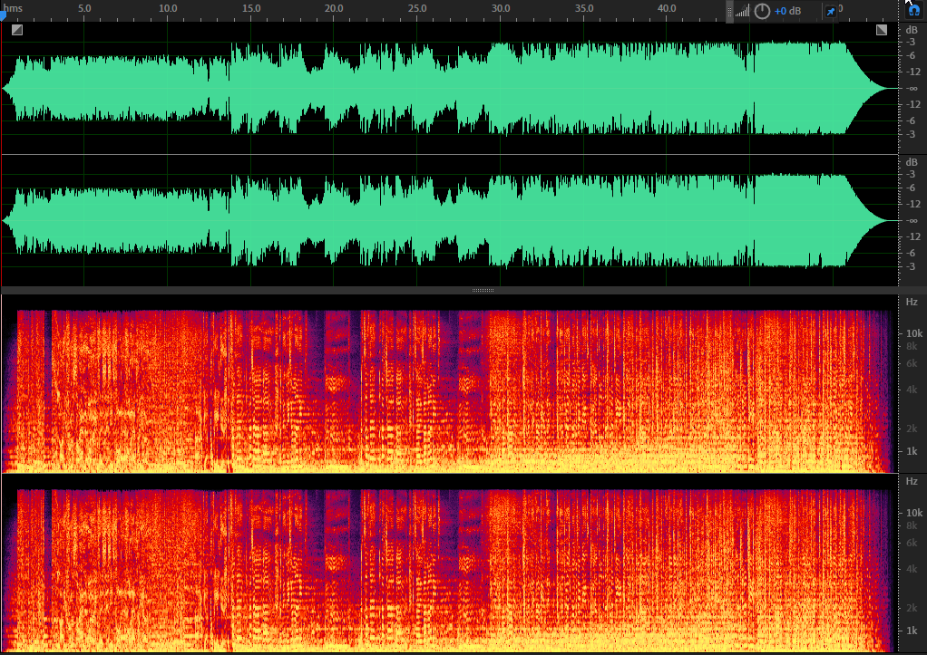 Screenshot of a waveform with spectrum waterfall showing an unprocessed audio signal.